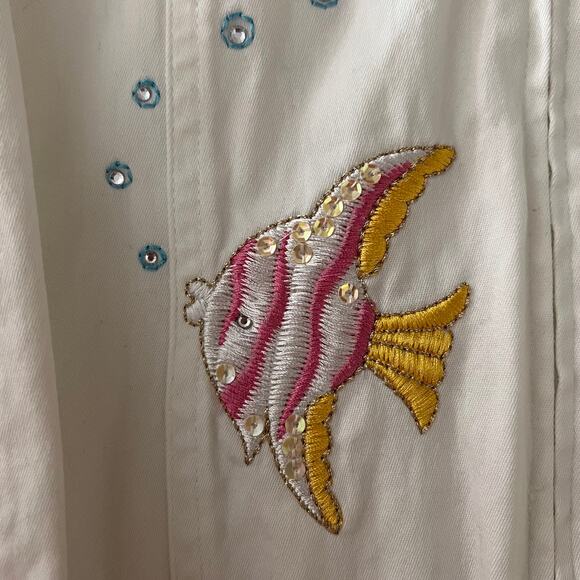 Quacker Factory Jacket Womens 2X Embroidered Tropical Fish Reef Zip Cotton White - Picture 11 of 14